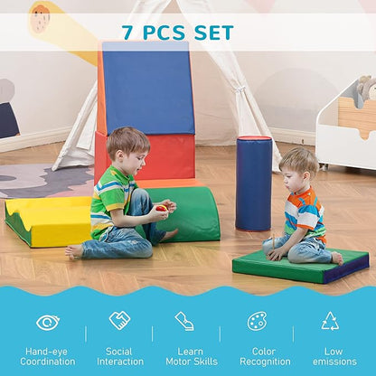 Soozier 7 Piece PU Leather Soft Play Climbing for Toddlers, Baby Colorful Soft Play Gym Toys Indoor, Modular Crawling & Climbing Play Set for 1-3 Years Multi-Color
