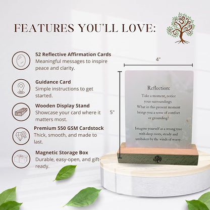 52 Positive Affirmation Cards with Wooden Stand - Daily Mindfulness & Self-Love for Stress Relief, Mental Health Inspiration, Emotional Balance & Weekly Reflection on Your Journey