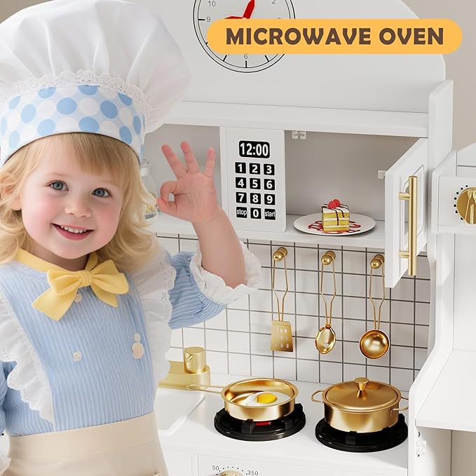 JOYDIAS Kids Play Kitchen Set, Pretend Wooden Kid Kitchen Playset Toy Kitchen w/Sound and Light, Oven, Washing Machine, Toy Coffee Station and Toddler Kitchen Accessories for Kids Age 3+