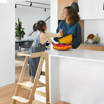 Foldable Toddler Tower 95% Preassembled Kitchen Stool Helper Folding Step Stool for Kids with 3 Adjustable Height Montessori Toddler Standing Tower for Kitchen Counter Sink Natural