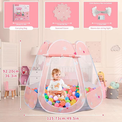 Pop Up Princess Tent with Star Light, Toys for Year Old Girl Birthday Gift, Ball Pit for Months Baby Toys, Toddler Girl Gift, Easy to Pop Up and Assemble (Pink Gray)