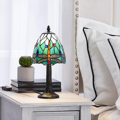 Stained Glass Dragonfly Design Table or Desk Light, Tiffany Style mini Table Lamp-, LED Bulb Included-Vintage Look Colorful Accent Decor