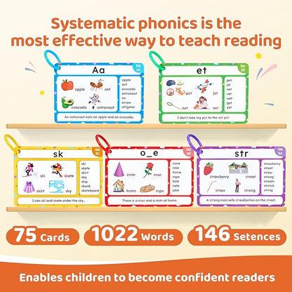 JoyCat 75 Pack Phonics Flash Cards-Learn to Read Alphabet and CVC Words in 25 Stages-Games for Kids Ages 3-8 Preschool Kindergarten 1st 2nd Grade Homeschool Educational Learning Activities