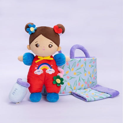 OUOZZZ 10" Soft Baby Doll Set, Hispanic Baby Doll Accessories Pretend Playset Doll for 2 Year Olds Girls Christmas Birthday Gift Brown Skin