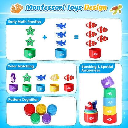 LovesTown Montessori Toys for Toddlers, Preschool Learning Toys Cloth Fishing Games with Stacking Cups Color Sorting Games for Kids Gifts for Boys Girls