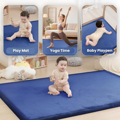 Baby Play Mat for Floor,1.3" Thick Memory foam Tummy Time Mat,Soft Coral Velvet Nursery Rug,Extra Large Non Slip Crawling Mat for Toddlers,Infants,kids,oga,Tatami Style for Living Room(Royal Blue)