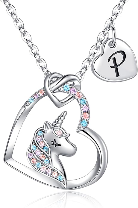 Hidepoo Unicorn Necklace Gifts for Girls - Colorful CZ Heart Pendant Initial Unicorns Necklaces for Teens Little Girls Jewelry Birthday Gift for Girl Daughter Granddaughter Niece