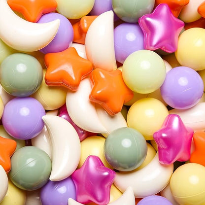 GOGOSO Ball Pit Balls Stars Moon Shapes Plastic Pitballs for Toddler Play Tent Baby Photo Props Kids Pool Water Toys Kiddie Pool Party Decor,Orange Green Purple,100pcs