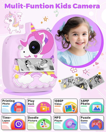 Kids Camera Instant Print, Christmas Birthday Gifts for Gils Age 3-8, 48MP &1080P Children Camera with Silicone Cover, Portable Toy Instant Camera for Kids 3 4 5 6 7 8 9 10 Year Old Girls