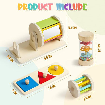 Toyssa Wooden Montessori Toys for Babies 6-12 months with Rainbow Color and Mirror Spinning Drum/Baby Shape puzzle 6-12 months/Sensory Toys Rain Rattle, Montessori Toys Gifts for Toddlers 1 Years Old