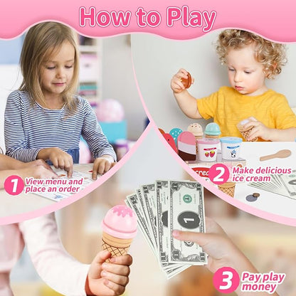 Wooden Ice Cream Toys for Toddlers 3-5, Kids Wooden Toys Play Kitchen Accessories, Play Food Sets for Kids Kitchen, Pretend Play Toys Gifts for 3 4 5 Year Old Girls Boys Birthday Christmas
