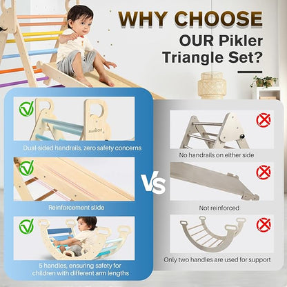 BlueWood Pikler Triangle Set 7in1 Foldable Baby Climbing Toys Wooden Montessori Climbing Set with Arch&Ramp&Ladder Baby Climber Indoor Jungle Gyms for Toddlers Montessori Toys - Sky Blue