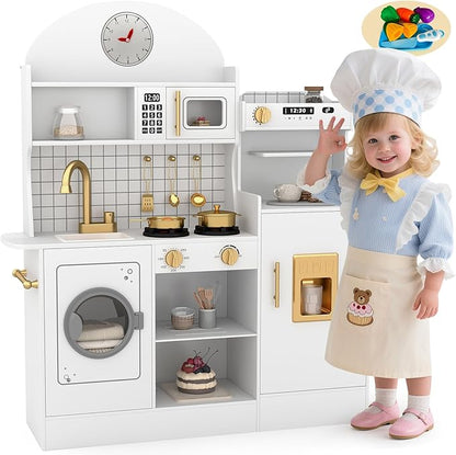 JOYDIAS Kids Play Kitchen Set, Pretend Wooden Kid Kitchen Playset Toy Kitchen w/Sound and Light, Oven, Washing Machine, Toy Coffee Station and Toddler Kitchen Accessories for Kids Age 3+
