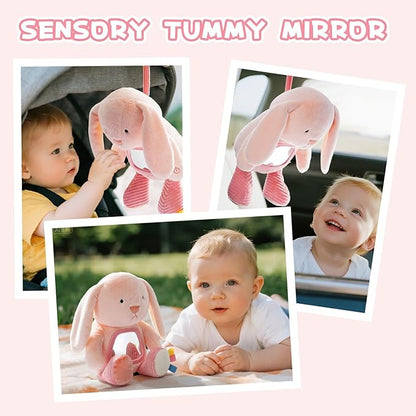 Koty Musical Tummy Time Toy,Baby Mirror Toy 3 Years Old, Infant Sensory Toy with Crinkle Sounds, Textures, Mirror & Melody Music Box for Tummy Time and Self-Discovery (Pink Rabbit)