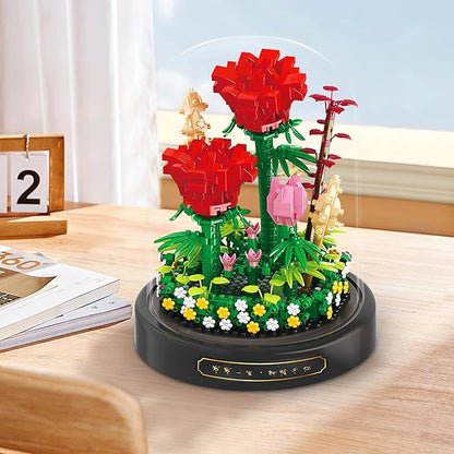 QLT QIAOLETONG Flower Bouquet Building Set, 593 PCS Red Rose Mini Building Blocks Kit for Adults, Flowers Botanical Collection for Home Decor, Mother's Day for Her Mom Women Wife Girlfriend