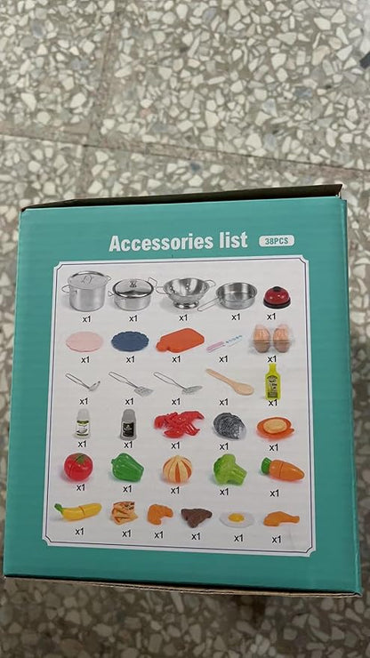 Kids Pretend Play Kitchen Accessories Set, 38Pcs Stainless Steel Play Pots Pans Sets for Kids, Toy Cookware Cooking Utensils Play Food Dish Toddler Kitchen Playset Gifts for Boys Girls