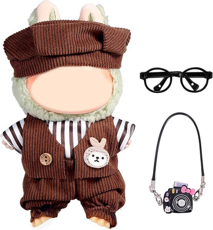 17cm Doll Clothes Set, Cute Boy Outfits for Clothes and Glasses, 7 PCS Cute Hat & Overalls Set Stylish Outfits Exquisite Accessories