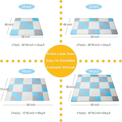 Foam Floor Mats for Kids, 12 x 12 Inch 16 Tiles 0.4" thickness Foam Play Mat, Non-Toxic Square Interlocking Floor Mats Rubber Baby Play Mat for Toddlers(White/Gray/Light Blue)