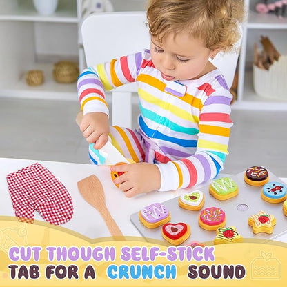 Slice and Bake Wooden Cookie Play Food Set for Kids Kitchen - Toy Food Accessories - Kids Pretend Cookies and Baking Sheet, Toy Baking Set for 3+ Year Old Boys Girls Birthday Gifts