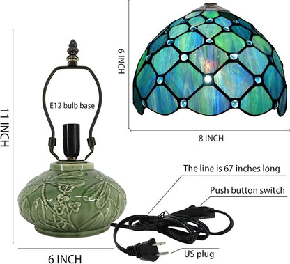 Small Tiffany Lamp Mushroom Table Lamp, Mini Stained Glass Desk Light Memory Sympathy Ceramic lamp 8X11 Inch (Sea Blue Pearl Style)