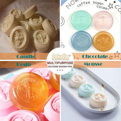 Sakolla 2 Pack Silicone Soap Molds, 6 Cavity Round Honeybee Silicone Molds for Homemade Soaps, Lotion Bar, Jello, Bath Bomb, Beeswax, Resin, Chocolate and Dessert (Pink)