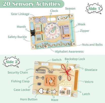Double-Sided Wooden Busy Board for Toddlers, Sensory Activity Board, Montessori Travel Toy for Kids Age 3-5, Educational Toy for Autism, Ideal Choice for Baby Girls or Boys Birthday