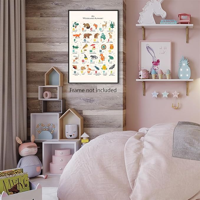 Alphabet Poster - Woodland Animal ABC Letters for Toddlers 1-3, Classroom & Nursery Wall Art, 12x16in Unframed
