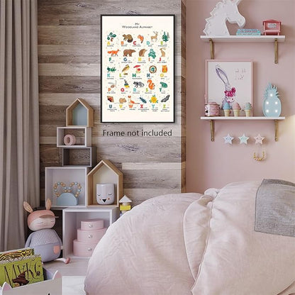Alphabet Poster - Woodland Animal ABC Letters for Toddlers 1-3, Classroom & Nursery Wall Art, 12x16in Unframed
