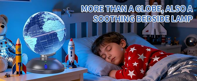 360° rotating globe, independently supported by a beautiful silver plastic base with a switch, 9-inch design, built-in LED night light, color high-definition visual map details, children's geography education, study and office decoration, living room d...