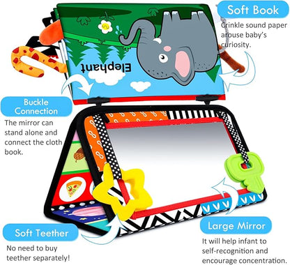 Tummy Time Baby Mirror Toys 0-6 6-12 Months - Montessori Infant Toys Brain Development with Crinkle Cloth Book and Teether - High Contrast Newborn Sensory Toys for Babies Boys Girls Gifts