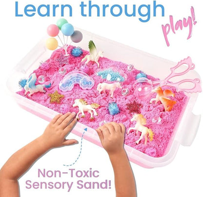 Premium 38 PCS Unicorn Sensory Sand Bin-2 lb Magic Sand, Sensory Bin for Toddlers & Sand Scooper-Count Sparkly Pom-Poms, Bring Unicorns to Life - Ideal Gift for Kids