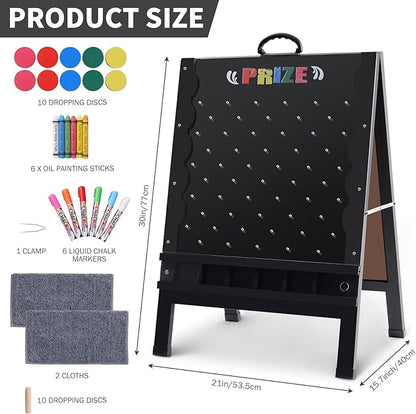 Prize Drop Game Board, 21"x30" Foldable Double-Sided Design with Wooden A-Frame Chalkboard Sign for Carnival, Trade Show, and Party - Includes Coin Drop Discs and Chalk Set, Upgraded Handle Design
