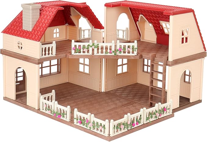 Family Cozy Cabin Doll House Playset, Dollhouse Furniture and Accessories,DIY Cottage Pretend Play Dollhouses, for Toddlers, Boys & Girls