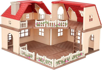 Family Cozy Cabin Doll House Playset, Dollhouse Furniture and Accessories,DIY Cottage Pretend Play Dollhouses, for Toddlers, Boys & Girls