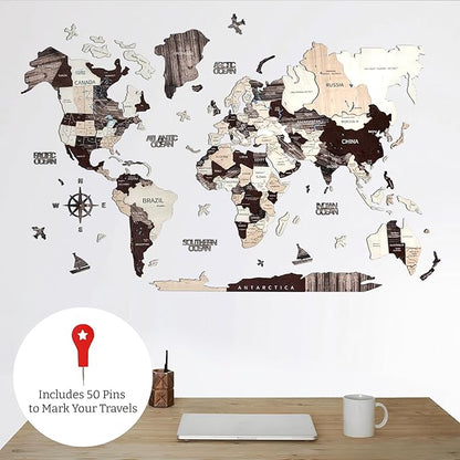 KPSKE 3D Wooden World Map for Wall - Wall Accent Map with Ocean Names, Boats, Compass and More - Wood Travel Map with 50 Pins (Mocha)