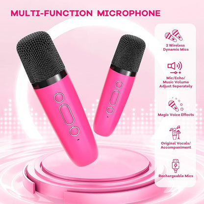 Mini Karaoke Machine for Kids Toys, Portable Bluetooth Speaker with 2 Wireless Microphones, Birthday Gifts for Girls 3, 4, 5, 6, 7, 8, 9, 10, 11, 12+ Years Old Toddler Teens (Hotpink)