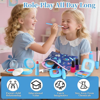 Toddler Girls Toys Pretend Makeup Kits - Fake Makeup Set for Kids 3 4 5 6 Year Old , Play Makeup Gift for Little Girls 3-5, Toddler Kit with Fake Make up Toy Birthday Gift (Blue)