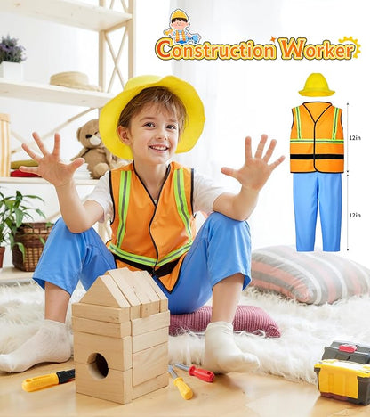 Jeowoqao Boy's Dress Up Costumes Set, Kids Role Play Set 11pcs Dress Up Trunk Pirate, Chef, Construction Worker, Policeman Costume For Kids Girls Toddler Age 3 4 5 6 Christmas Birthday Gift