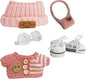 Cloth for 15cm ＆ 17cm Doll,5-Piece Handcrafted Crochet Clothes Outfit(NO Doll) - Light Pink Clothes + Light Pink Bear-Shaped Velvet hat + Glasses + Shoulder Bag + White Canvas Shoes
