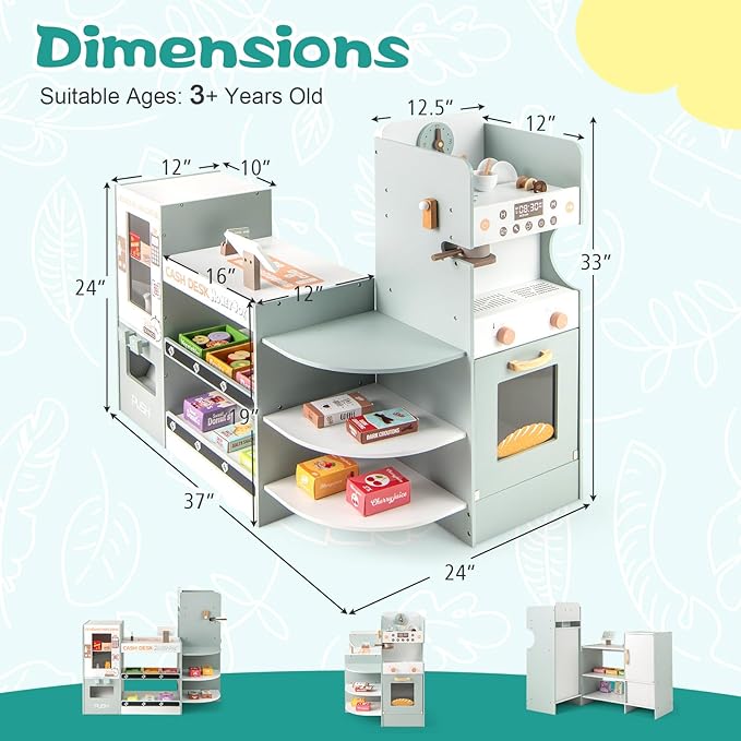 HONEY JOY Kids Grocery Store Playset, Wooden Play Store w/Coffee Maker & Vending Machine, Toddler Supermarket Checkout Stand w/Cash Register, Display Shelves, Play Food, Grocery Store Pretend Play