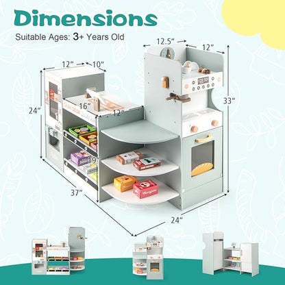 HONEY JOY Kids Grocery Store Playset, Wooden Play Store w/Coffee Maker & Vending Machine, Toddler Supermarket Checkout Stand w/Cash Register, Display Shelves, Play Food, Grocery Store Pretend Play