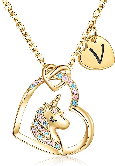 Hidepoo Unicorn Necklace Gifts for Girls - Colorful CZ Heart Pendant Initial Unicorns Necklaces for Teens Little Girls Jewelry Birthday Gift for Girl Daughter Granddaughter Niece