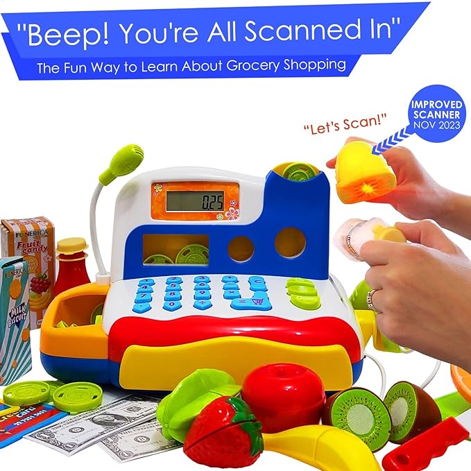 FUNERICA Toy Cash Register - with Large Interactive Coins Great for Toddlers - Scanner, Microphone, Calculator. Includes Grocery Food, Cuttable Fruit, Pretend Play Money - for Toddlers and Kids