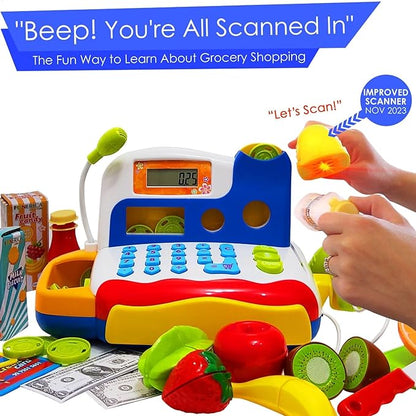 FUNERICA Toy Cash Register - with Large Interactive Coins Great for Toddlers - Scanner, Microphone, Calculator. Includes Grocery Food, Cuttable Fruit, Pretend Play Money - for Toddlers and Kids