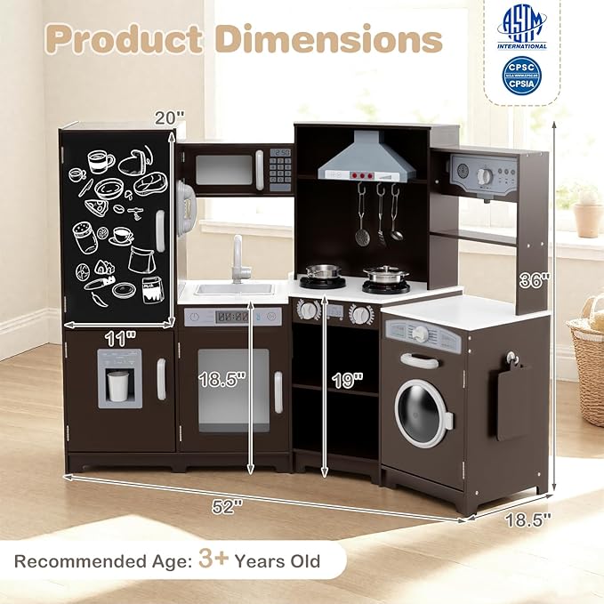 HONEY JOY Corner Play Kitchen, Large Wooden Pretend Toy Kitchen Set w/Lights, Ice & Coffee Maker, Range Hood, Chalkboard, Microwave, Cookware, Little Chef Kids Kitchen Playset for Toddlers (Espresso)