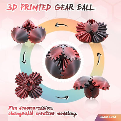 Gear Ball-3D Printed Gear Sphere,3D Printed Spin Ball Cube Fidget Toy,The Steampunk Whirling Wonder Fidget Ball Toy (Black Red)