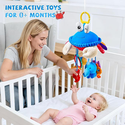 Car Seat Toys for Babies 0-6 Months, Hanging Baby Activity Toy for Stroller, Crib & Gym, Tummy Time Sensory Crab Plush Toys for Newborn, 0 3 6 9 12 M Clip-On Montessor Toy, Baby Boy Girl Gifts