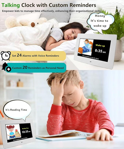 Véfaîî Digital Teaching Clock Talking Time, 24 Alarms Custom Reminders, Checklist to-Do List, Auto DST & Calendar Display, Sleep Trainer, Easy to Use for Kids Birthday Gift- White with Remote