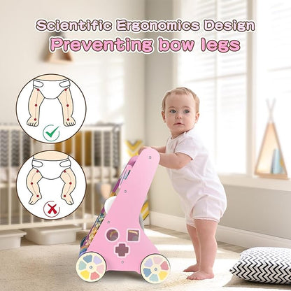 LOL-FUN Wooden Baby Walker for Girls with Wheels, Push Walker for Girl 6-12 Months, Pink Baby Push Toy for 1 Year Old Walking