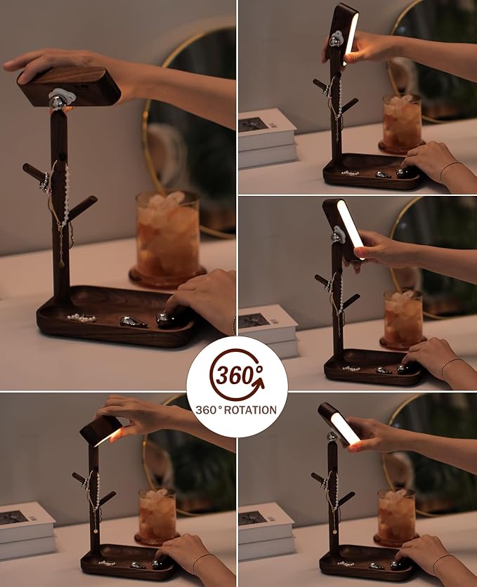 Wooden Table Lamp Tree Trunk Wood Column Rechargeable Led Desk Lamps Magnetic 360°Rotate Battery Powered Wall Night Lights for Bedside Living Edge Table (Black Walnut)